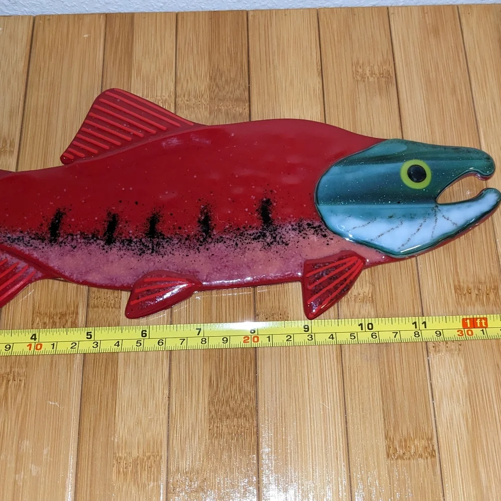Art Fused Glass Salmon Wall Sculpture Signed Red Blue Fish Artisan Sardine New
